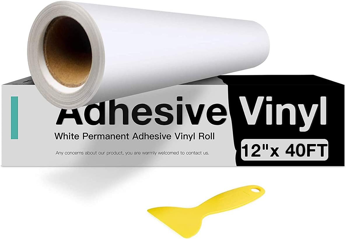White Permanent Vinyl, White Adhesive Vinyl Roll 12" x 40 FT Compatible with Cricut Cutting Machine, Silhouette, Cameo Cutters, Signs, Scrapbooking, Craft, Die Cutters