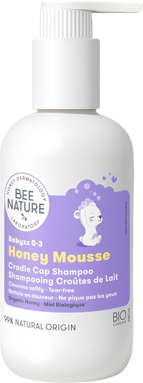 Bee Nature - Organic Baby Shampoo - Cradle Cap Treatment - Tear-Free - 99.3% Natural - Honey Mousse - Suitable for Newborns Toddlers Kids with Dry, Sensitive, Prone-Eczema, Itchy Scalp - 200ml