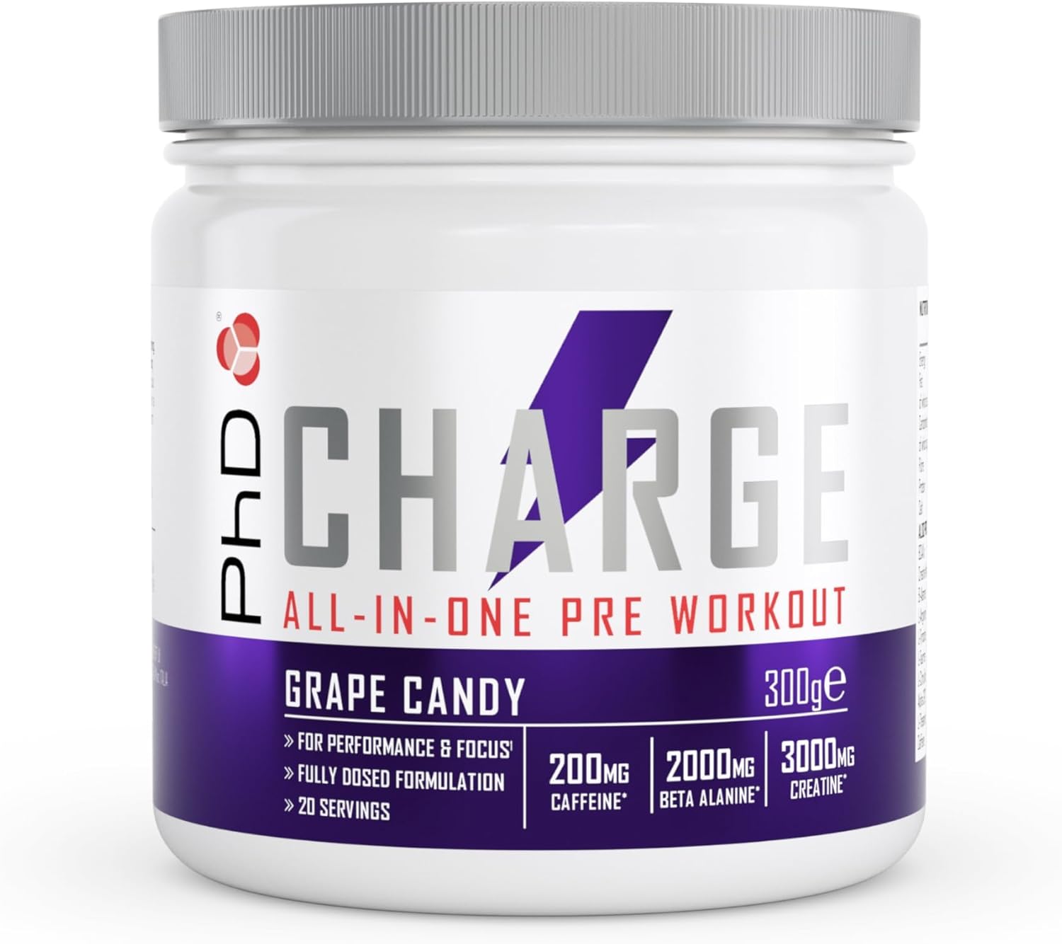 PhD Charge, All in One Pre Workout Powder with Creatine for Women and Men, Rich in Beta Alanine, High Caffeine for pre-Workout, Grape Candy Flavour, 20 Servings Per 300g Bottle
