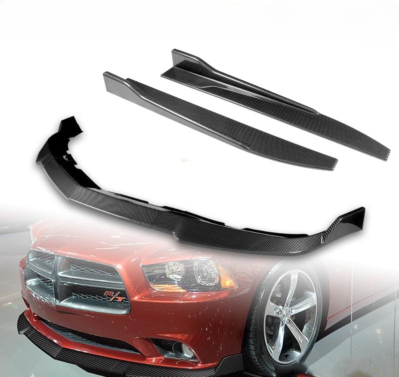 5pcs Combo Front Bumper Body Kit Lip + Side Skirt Extensions Diffuser Compatible with 2011-2014 Dodge Charger 2012 2013 (Painted Carbon)