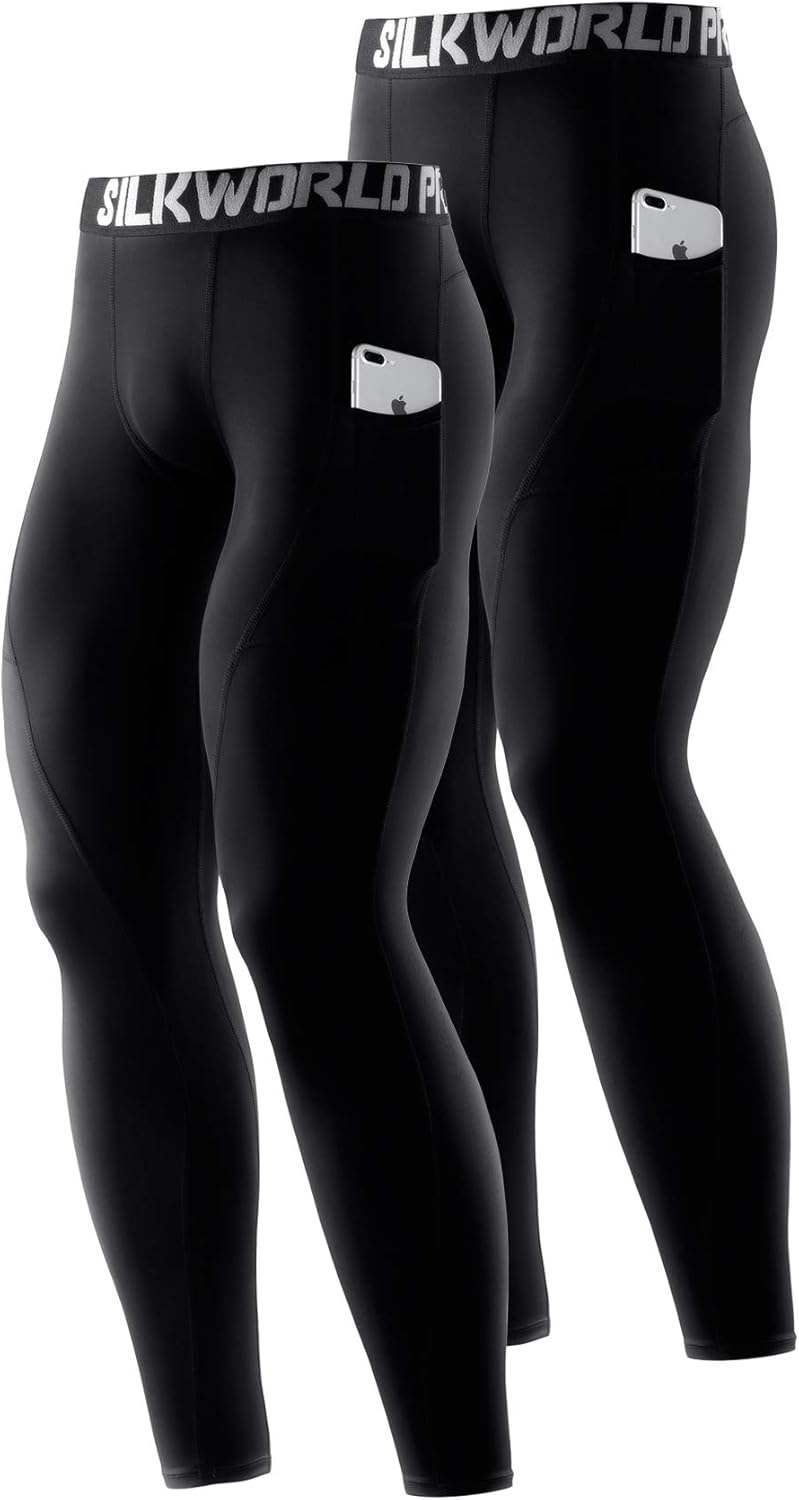 SILKWORLD Men's 1~3 Pack Compression Pants Pockets Cool Dry Gym Leggings Baselayer Running Tights