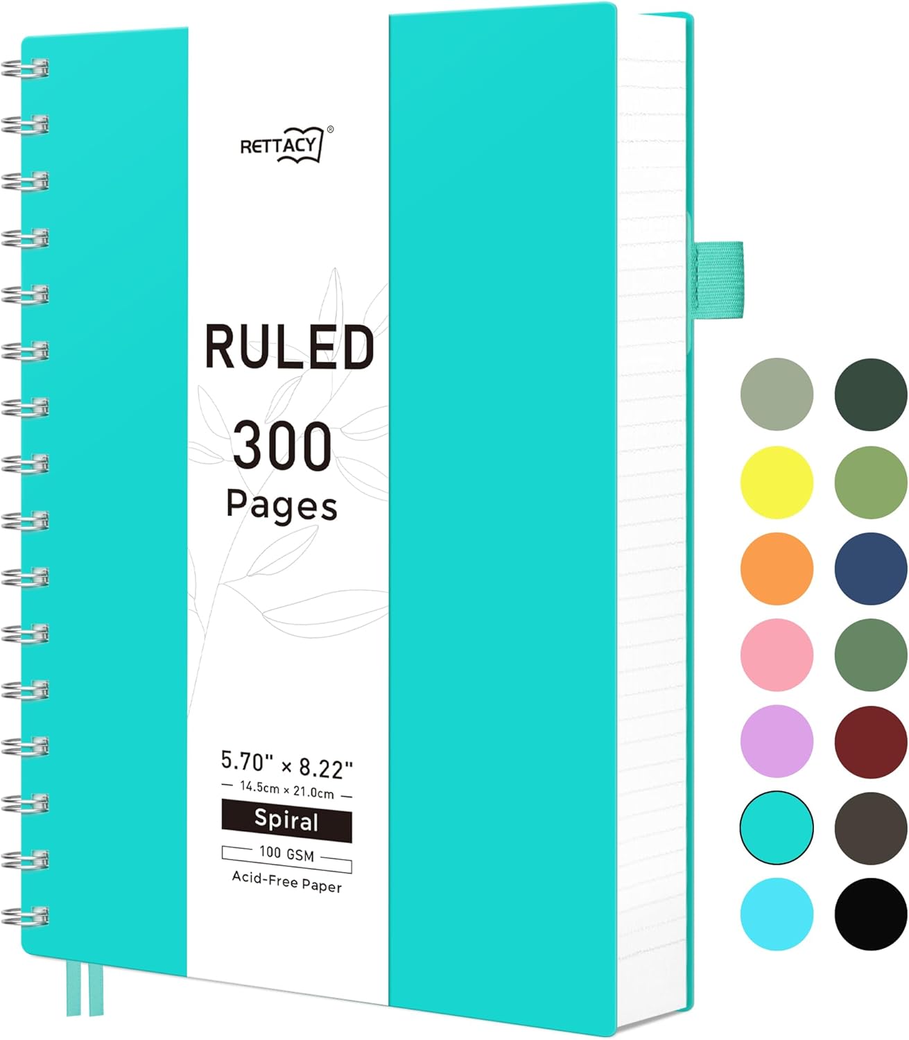 RETTACY Spiral College Ruled Notebook, 300 Pages, A5 Medium Size (5.7" x 8.2"), for School, Work, Writing, Journaling, 100 GSM Thick Paper, Flexible Plastic Cover (Tiffani Blue)