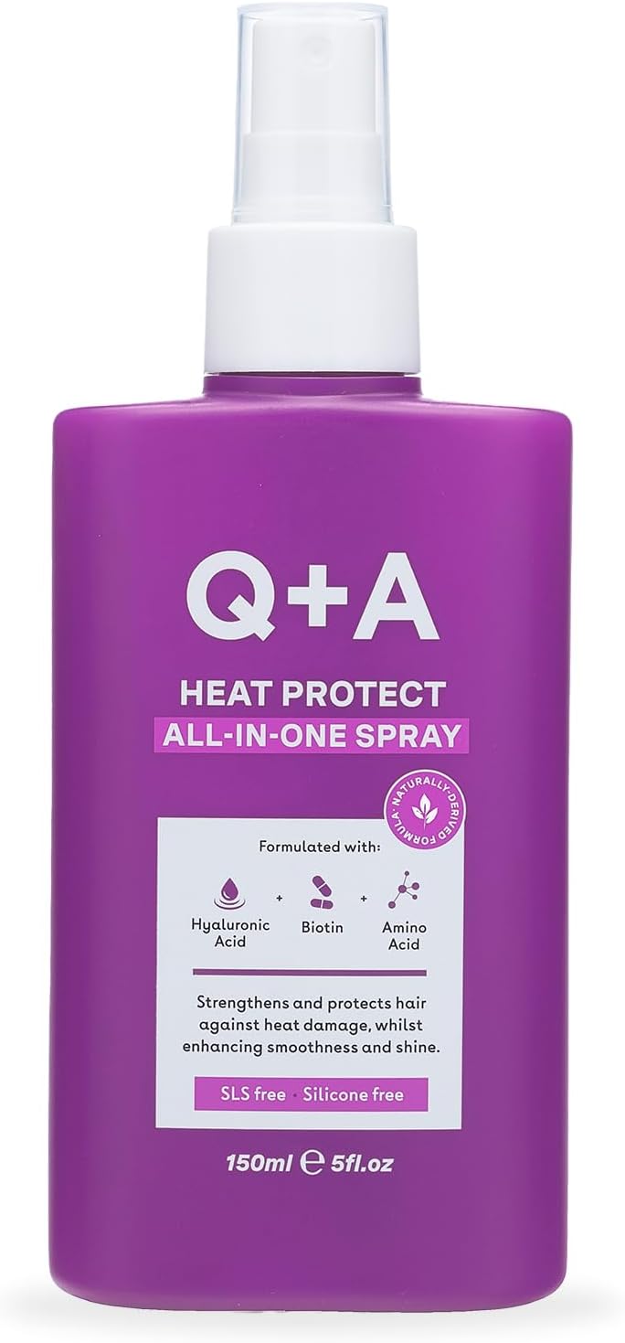 Q+A Heat Protect All-In-One Spray (150ml), Heat Protection Spray for Hair, 13-Benefit Multi-Tasking Heat Protectant, Strengthening and Anti-Frizz Hair Spray with Hyaluronic Acid Complex
