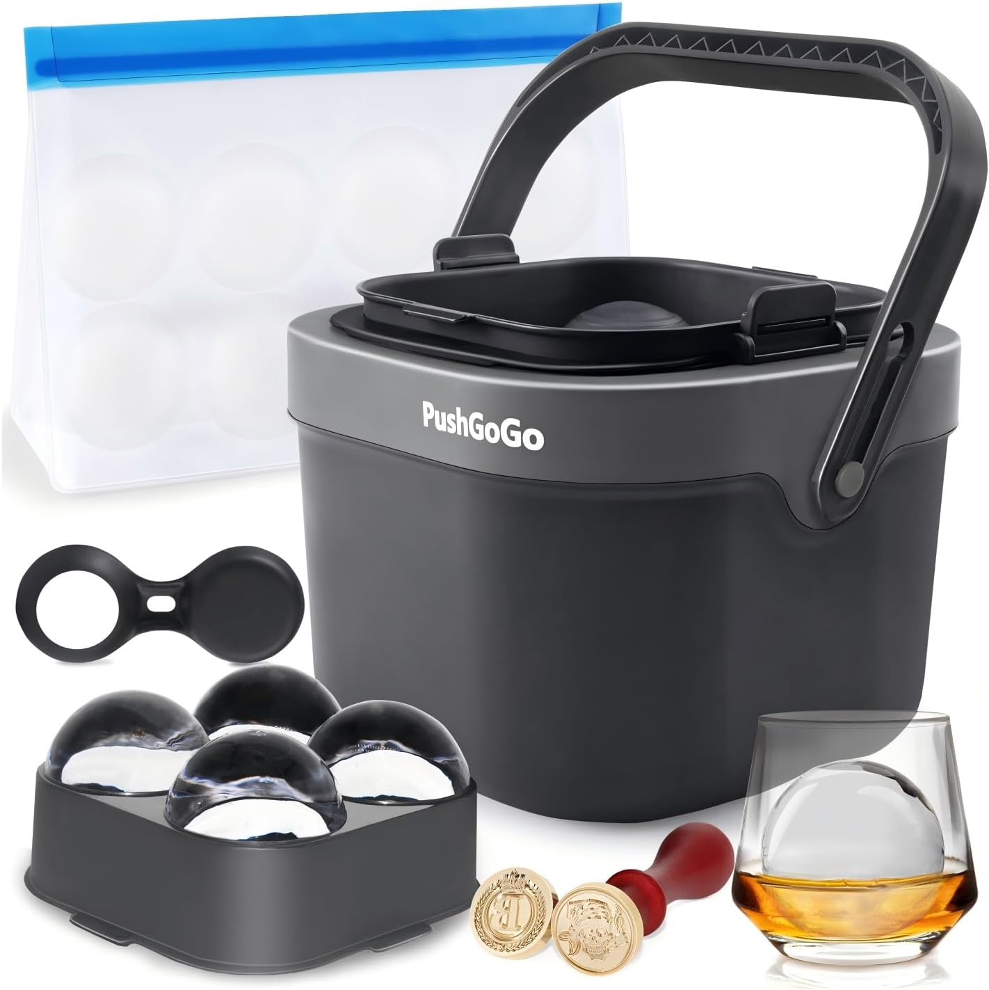 PushGoGo Clear Ice Ball Maker,Four Large 2.4" Crystal Clear Ice Balls for Whiskey, Cocktails, Bourbon,4-Cavity BPA-Free Silicone Easy Remove Ice Sphere Molds with Storage Bag,Stamp