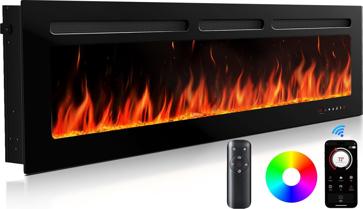 Silonn 60″/152cm Electric Fireplace, 900W - 1800W Heat Output, Ultra-Slim Wall-Mounted or Recessed Electric Fireplace Inserts with App & Remote Control, Timer, 20 Flame Colors（Black)