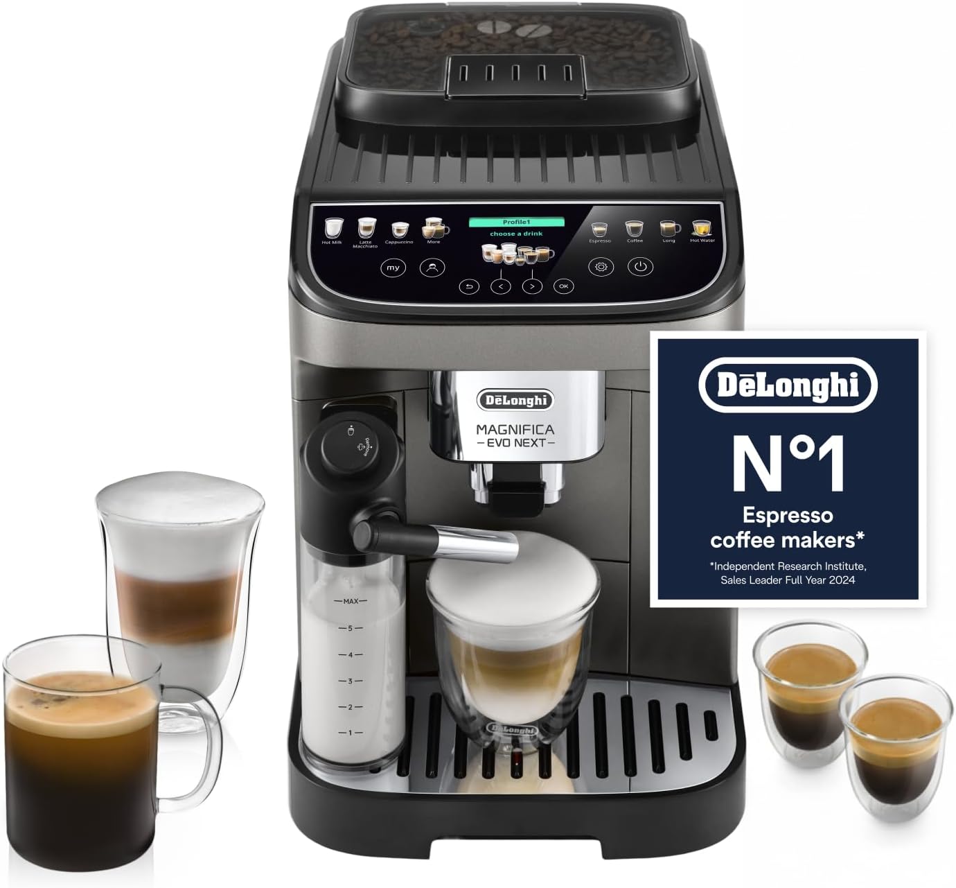 De'Longhi Magnifica Evo Next ECAM312.80.TB, Automatic Coffee Machine With Automatic Milk Frother, Bean To Cup Coffee and Cappuccino Machine with Intuitive Touch Display, Black/Titanium