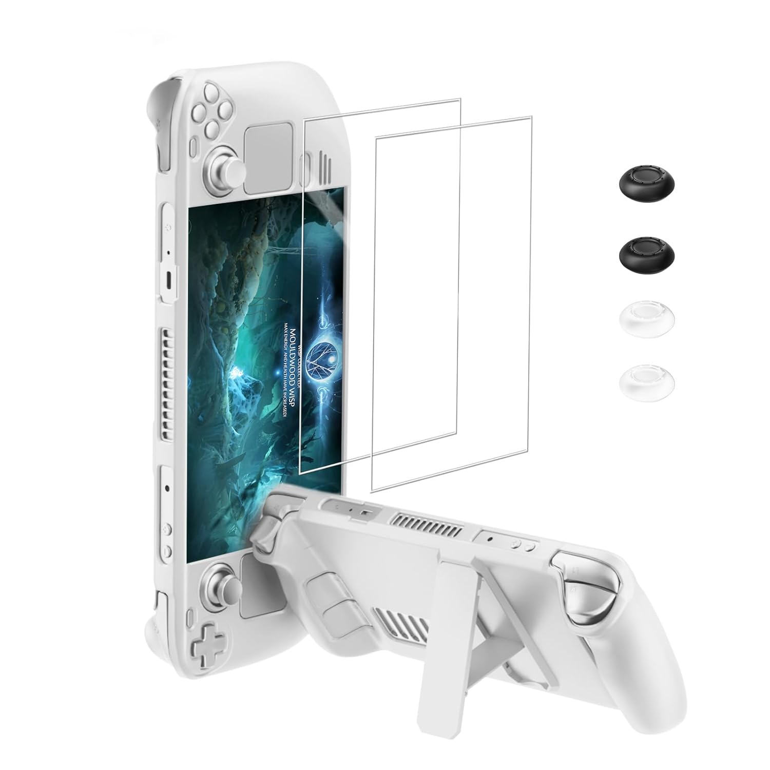 bibuks ﻿Steam Deck Case,Steam Deck OLED Protective Case,Non-Slip Skin Protective Shell Accessories,Steam Deck Case with Kickstand ,2 Screen Protector, 4 Thumb Grip (White)