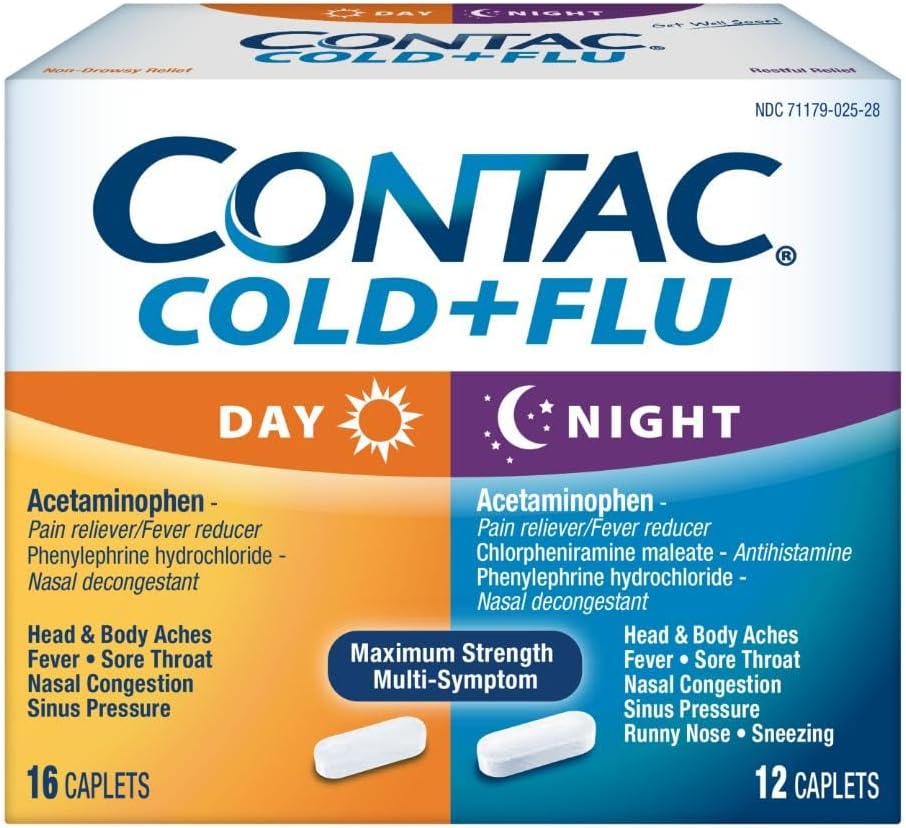 Contac Non-Drowsy Day & Multi-Symptom Night Cold & Flu Medicine, Maximum Strength Relief for Fever, Sore Throat, Nasal Congestion, Head & Body Aches, Runny Nose, 28 Count, 16 Day, 12 Night Caplets