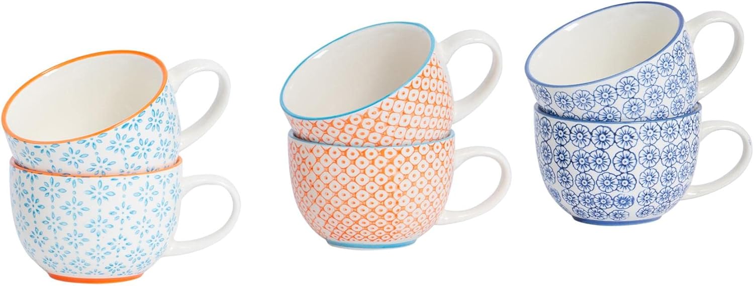 Nicola Spring Cappuccino Cups Set - 250ml - Pack of 6-3 Coloured Hand Printed Tea Cup Coffee Cappuccino Mugs Latte Drinking Mug Tea Saucer Plates for Breakfast, Lunch, Brunch