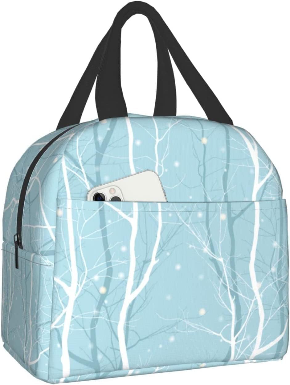 Lunch Bag Insulated Lunch Box Winter Blue Forest Reusable Lunch Tote Box Bag Portable Leakproof Cooler Bag with Front Pocket Food Bag for Travel/Picnic/Work/Hiking/School/Office