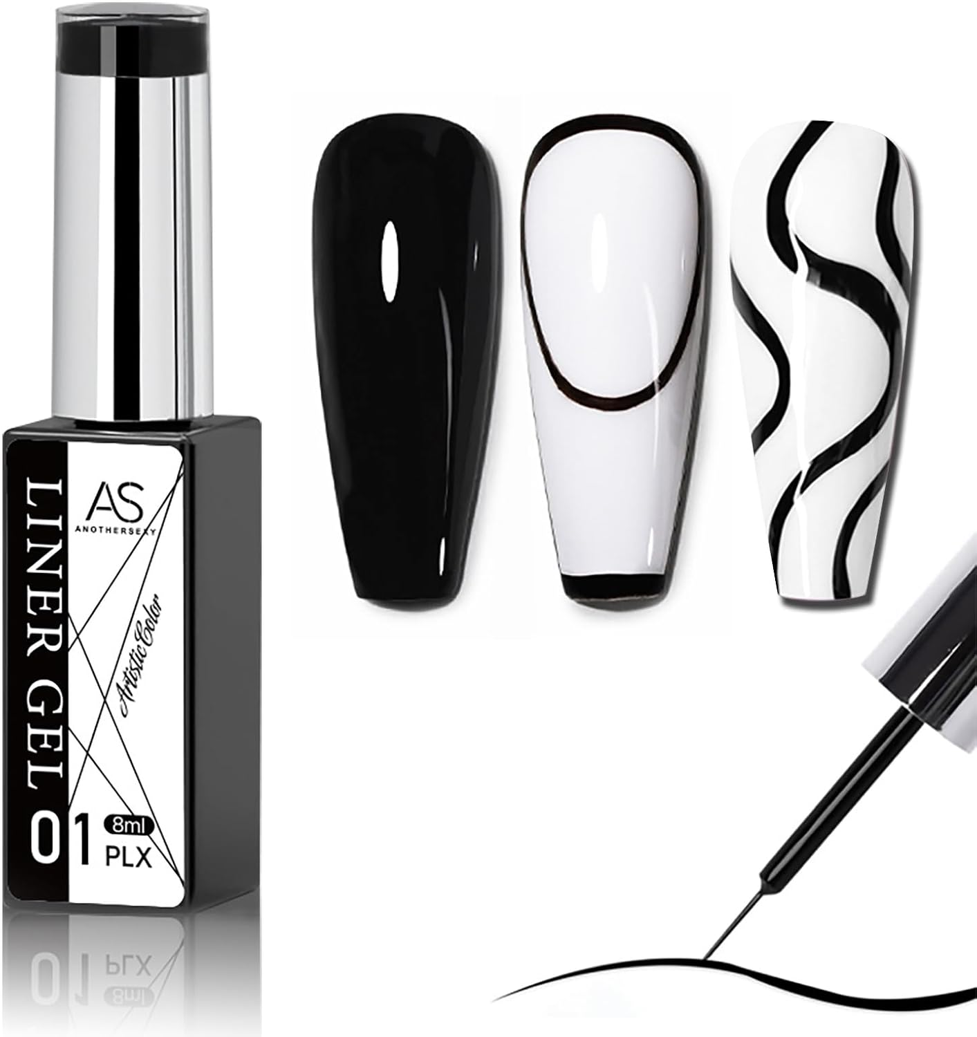 Black Gel Liner Nail Polish - French Manicure Gel Polish - Black Nail Art Gel Nail Varnish Pen Built-In Thin Brush - Soak off UV Nail Gel Polish for DIY Nail Painting Salon at Home