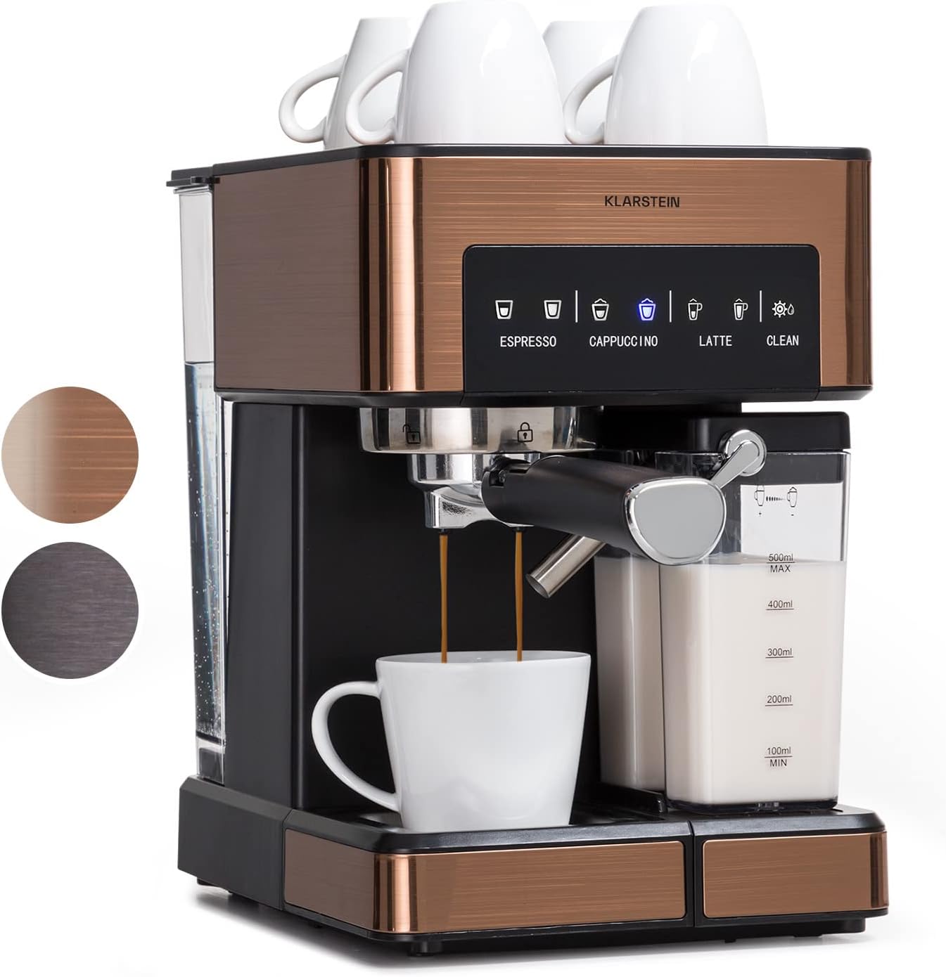 Klarstein 1.8L Coffee Machines with Milk Frother, 20 Bar Espresso Coffee Machine, Small 1350W Coffee Makers for Ground Coffee, Touch Display, Stainless Steel Espresso Machine For Iced Coffee, Expresso