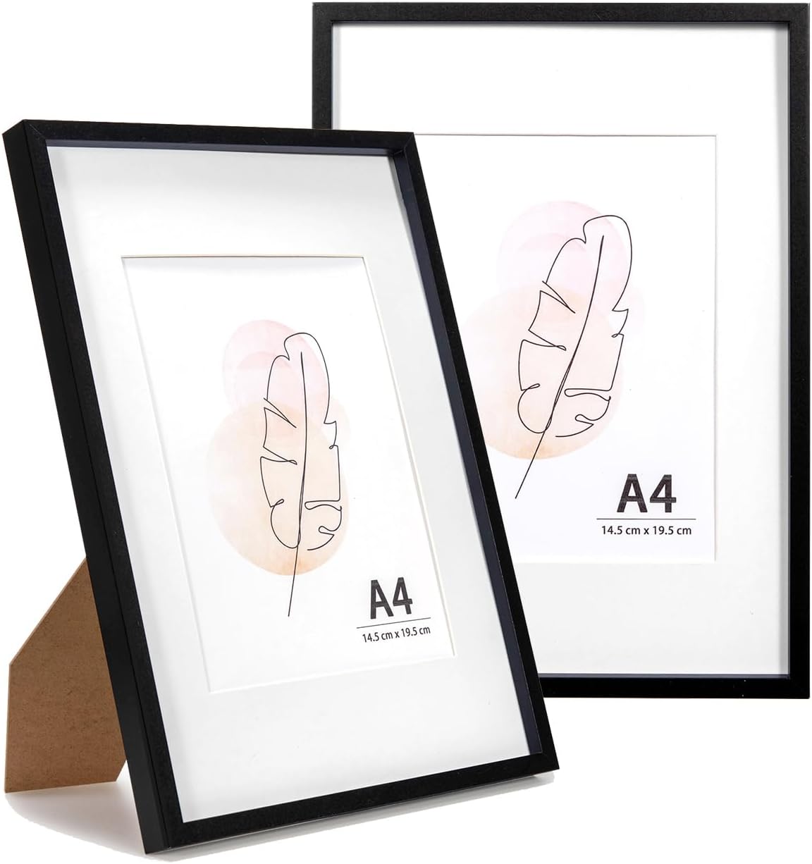 KAIWIN A4 Picture Frame Black Set of 2, Wooden Poster Frame suitable for 6x8 with mat, 21X29.7 cm Picture Frames for Tabletop and Wall Mounting Display for Home, Office,Gallery,Holiday