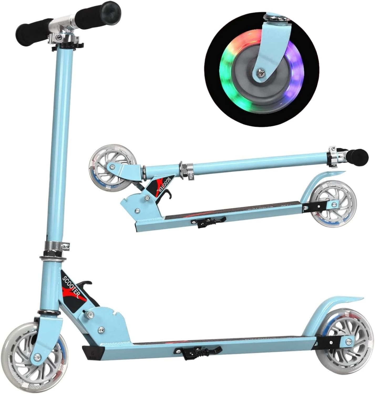 GYMAX Kids Stunt Scooter, Folding Kick Push Scooter with 2 Flashing Wheels and Adjustable T-bar, Perfect as a Gift for 4-13 Years Boys Girls (Sky Blue)