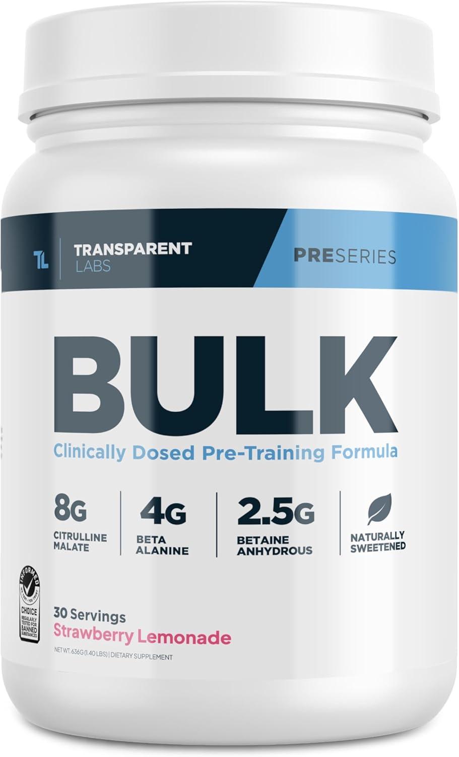 Transparent Labs Bulk Pre Workout Powder - Naturally Sweetened Advanced Pre-Workout Formula for Muscle Building and Strength - 30 Servings, Strawberry Lemonade