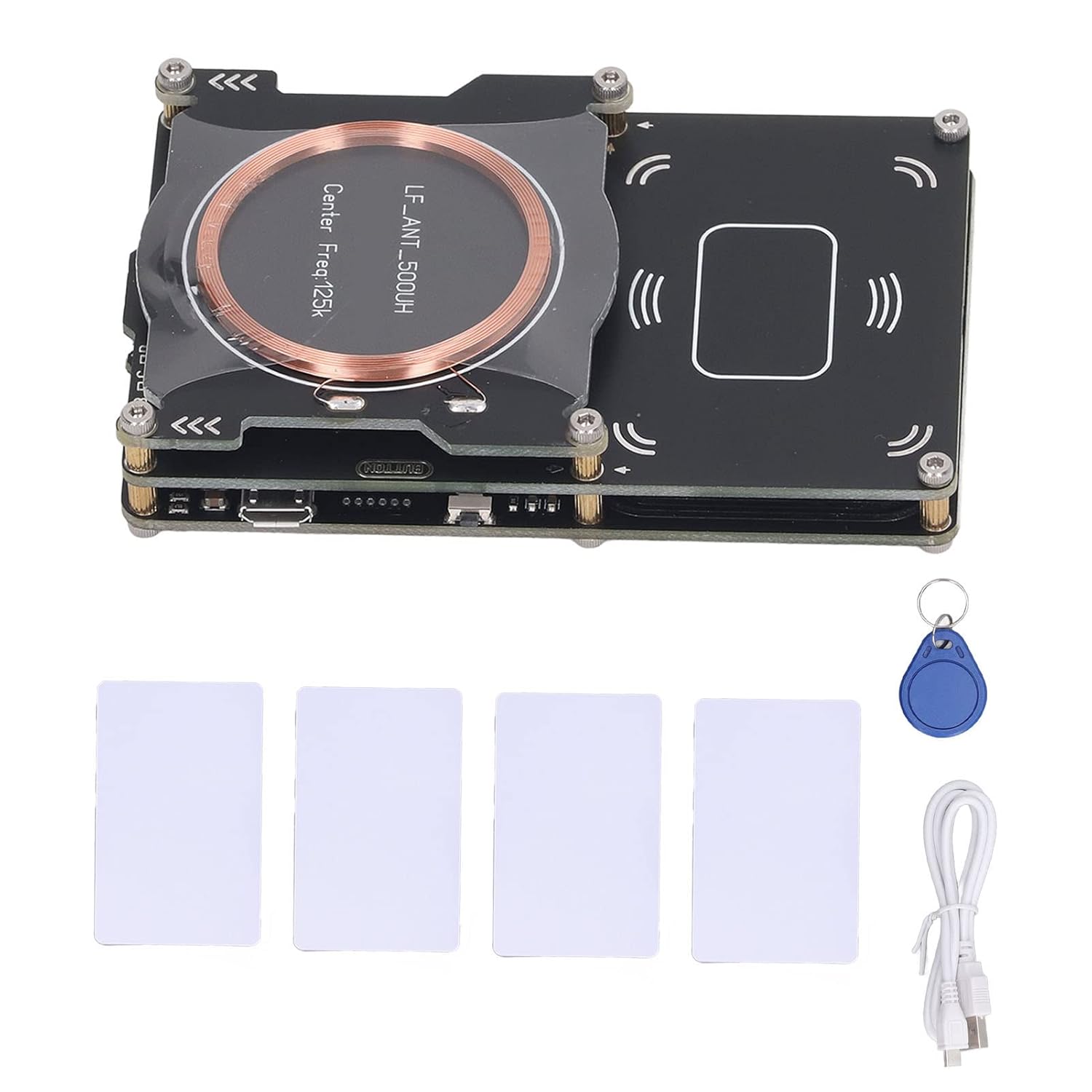 XTevu Card Reader Kit, 512kb NFC Card Reader Writer ID Card Copier Reader Writer with UID Cards and Key Fob for Apartment Gate, Stationary Credit Card Readers (4 UID Cards and 1 UID Key Fob)