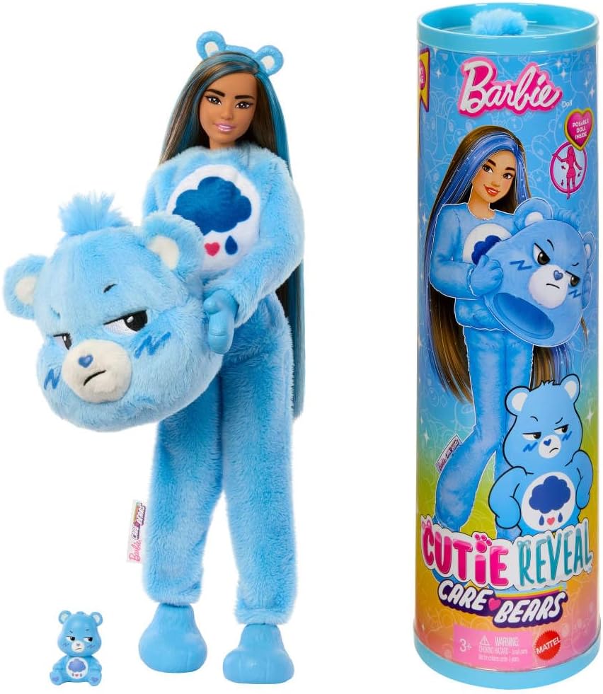 Barbie Cutie Reveal Care Bears Series Doll & Accessories Set with Grumpy Bear Costume & 10 Surprises Including Color Change & Mini Bear