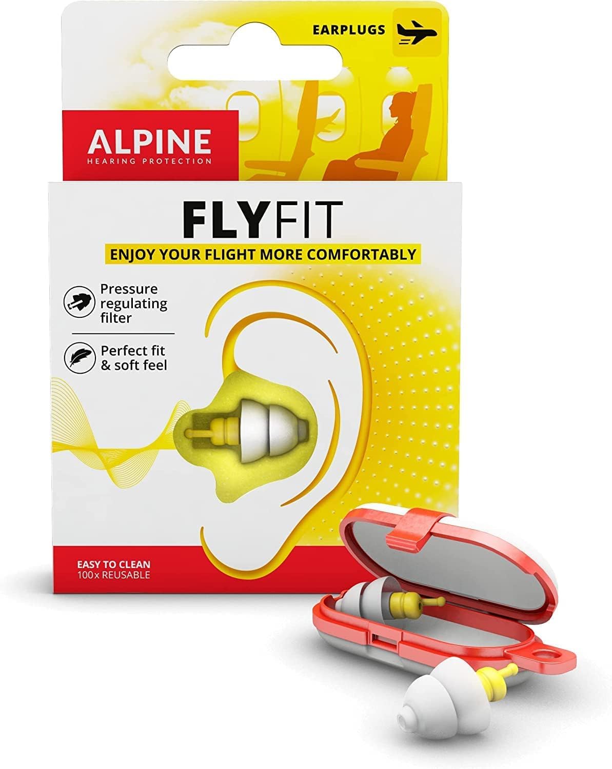 Alpine FlyFit - Earplugs for Pressure Relief & Preventing Ear Pain While Flying - Airplane Travel Essentials - Comfortable Reusable Hypoallergenic Earplugs with Ultra Soft Filter