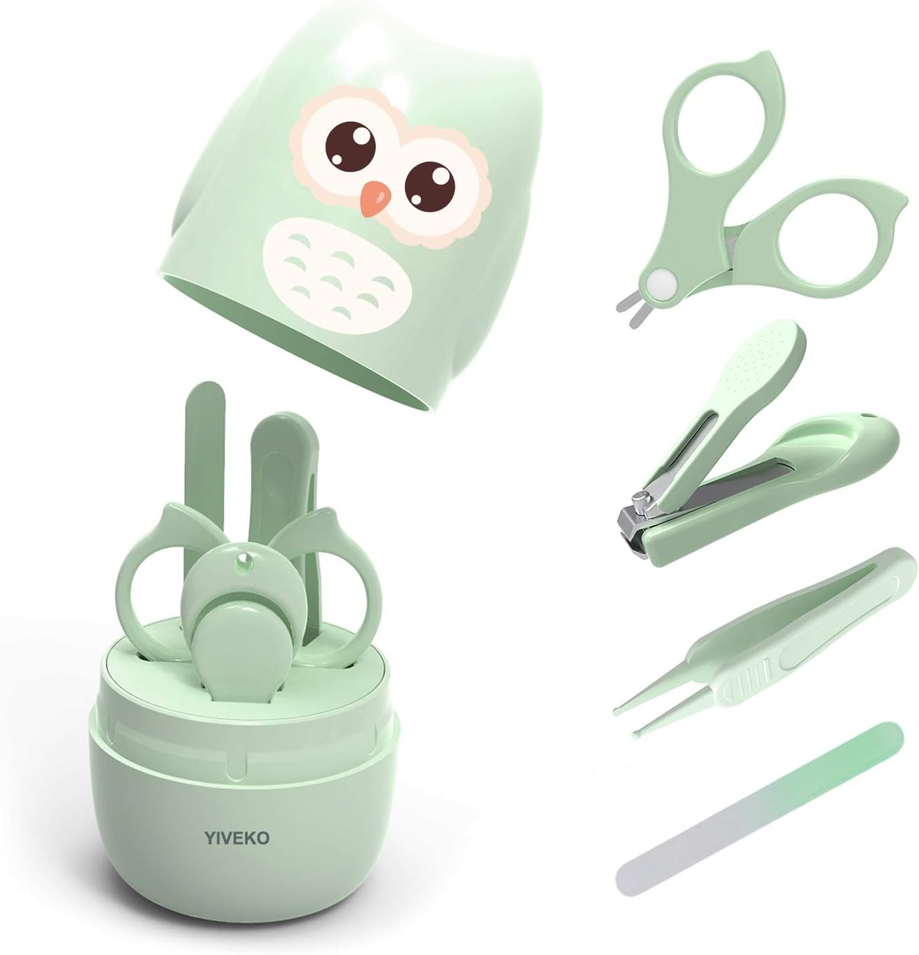 Baby Nail Kit, 4-in-1 Baby Nail Care Set with Cute Case, Baby Nail Clippers, Scissors, Nail File & Tweezers, Baby Manicure Kit and Pedicure kit for Newborn, Infant, Toddler, Kids-Owl Green