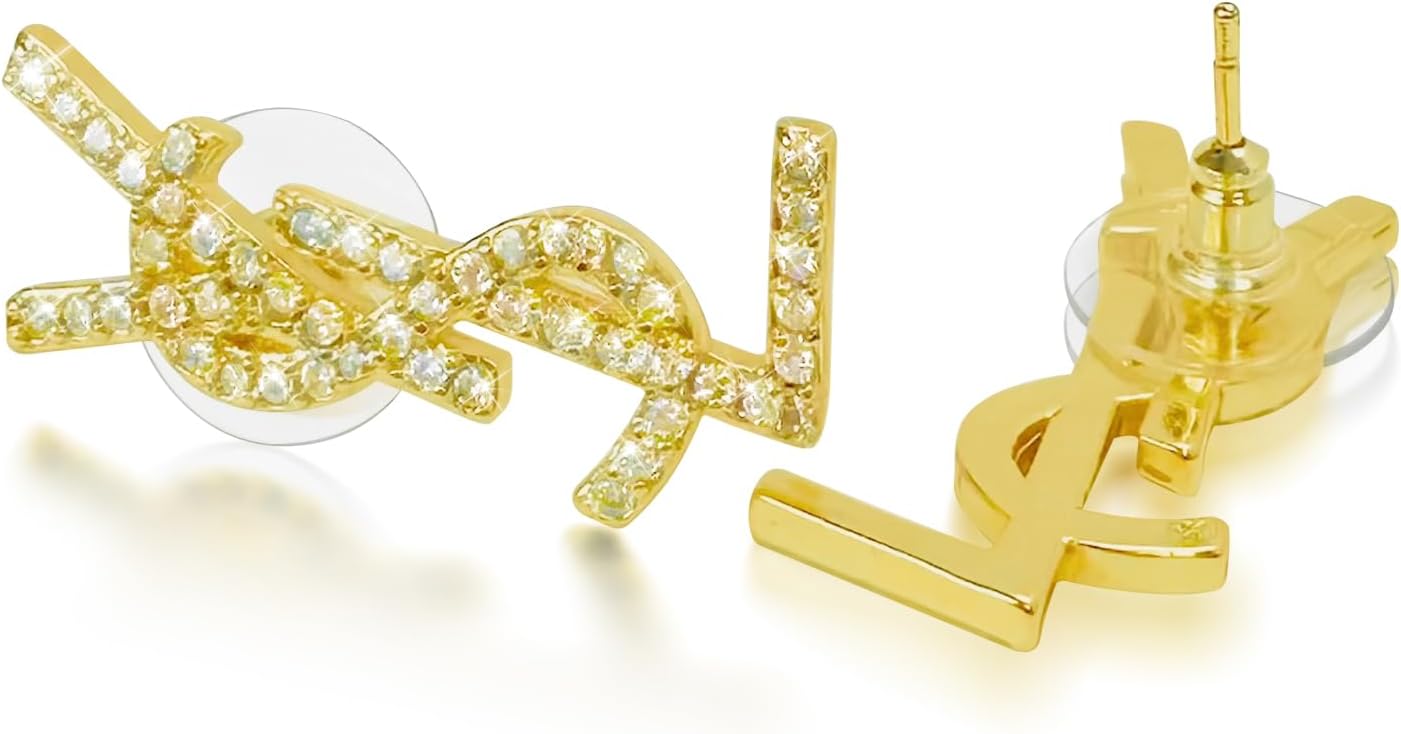 Luxurious 18K gold initials earrings CZ rhinestone earrings, suitable for gentle skin jewelry, low allergy, elegant temperament, high-end style, suitable for women.