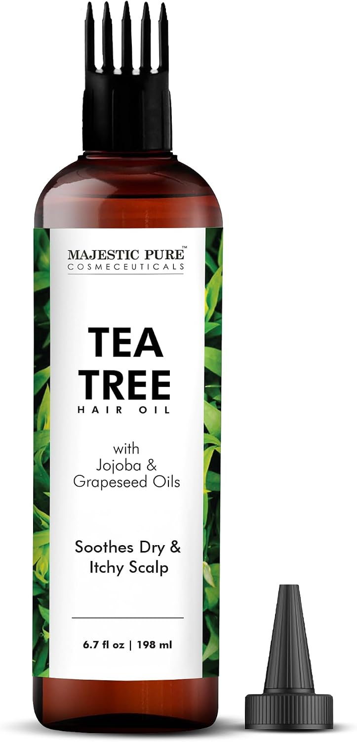 MAJESTIC PURE Tea Tree Oil for Hair | With Argan, Jojoba & Grapeseed Oils | Soothes Itchy Scalp & Fights Dandruff | Non GMO Verified | 198 ml