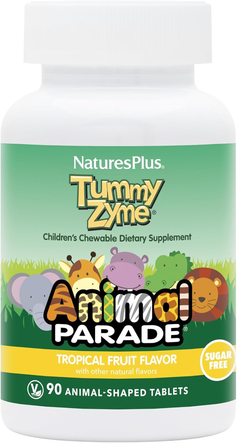 Natures Plus Animal Parade Source of Life Children's Chewable Digestive Aid - Tropical Fruit Flavor - 90 Animal Shaped Tablets - Contains Live Probiotics - Vegetarian, Gluten-Free - 90 Servings