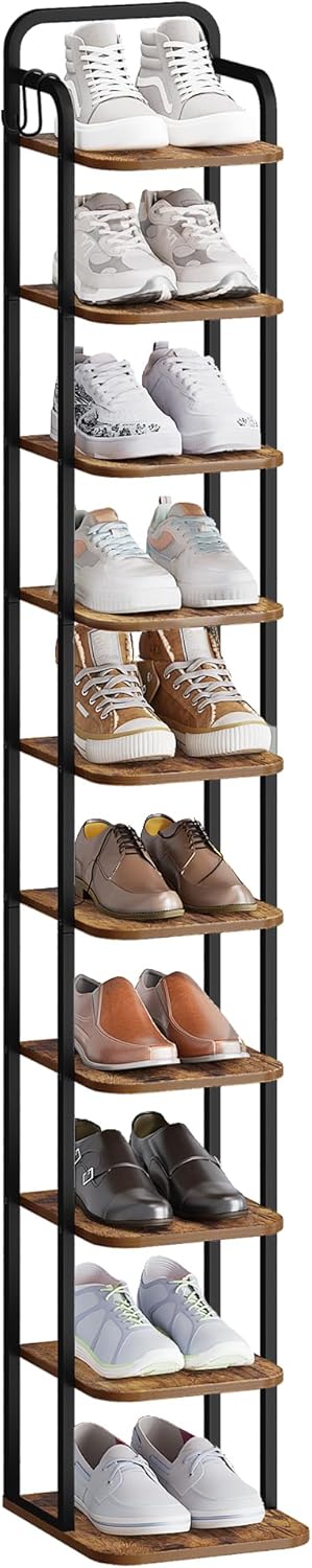 Hzuaneri Vertical Shoe Rack, Shoe Shelves, Wood Shoes Organizer for Hallway, Shoes Tower for Small Spaces, Free Standing Shoe Slots, with 2 Hooks, Rustic Brown and Black, 30 x 26.5 x 171 cm SR11201B