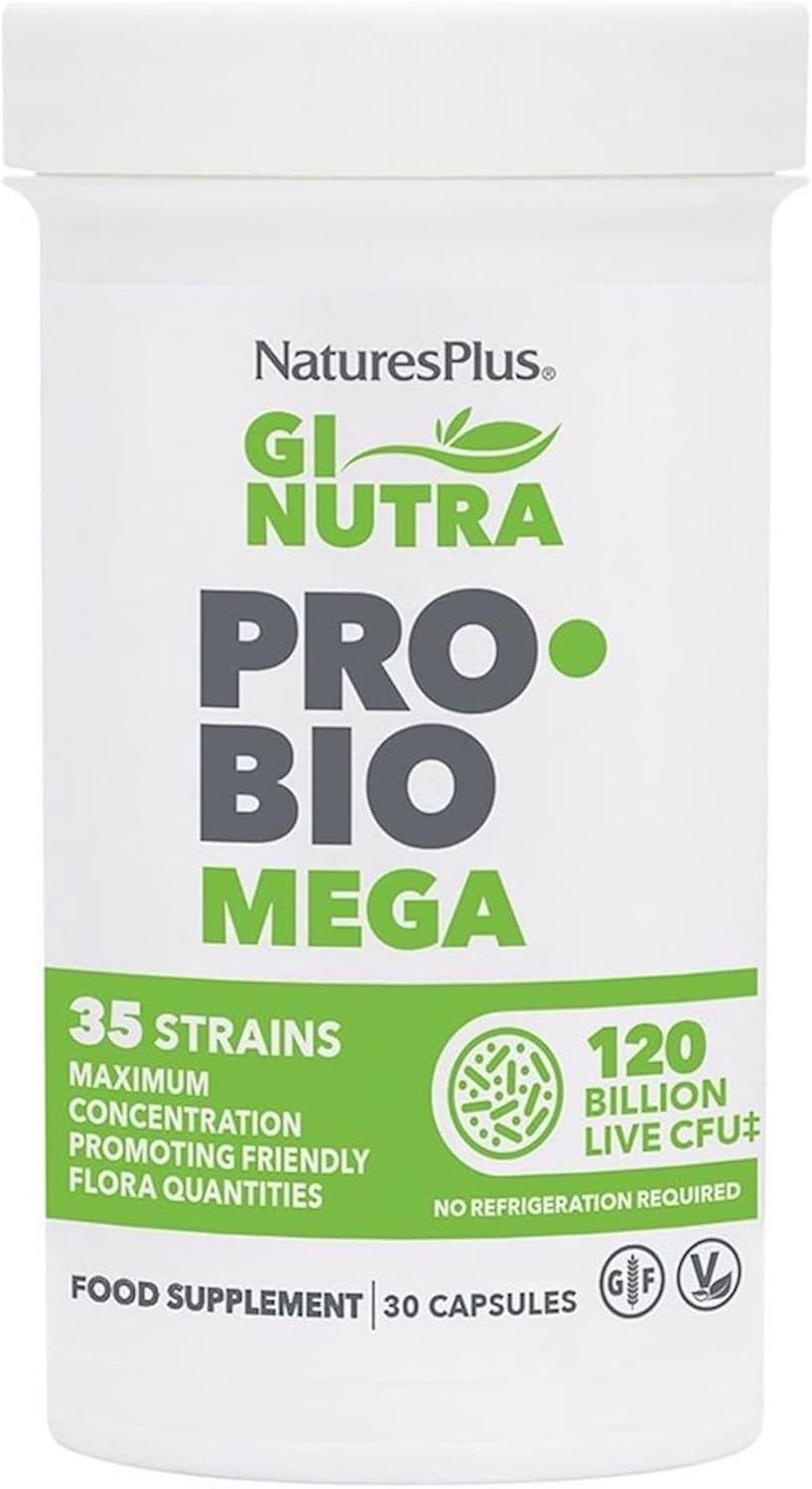 NaturesPlus GI NUTRA Pro Bio MEGA - 120 Billion CFU Probiotics for Women and Men - 35 Science Backed Live Bacteria with Gut Friendly Prebiotic Fibre - Vegetarian, Gluten Free - 30 Capsules