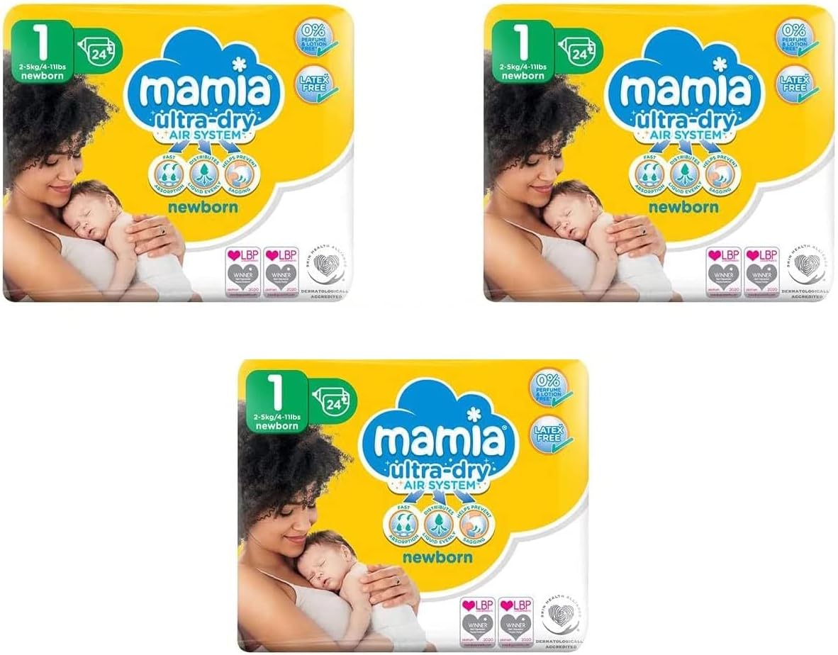 (Pack of 3) Mamia Baby Newborn Nappies, Size 1, 2-5kg, 3 x 24 (72 Nappies)
