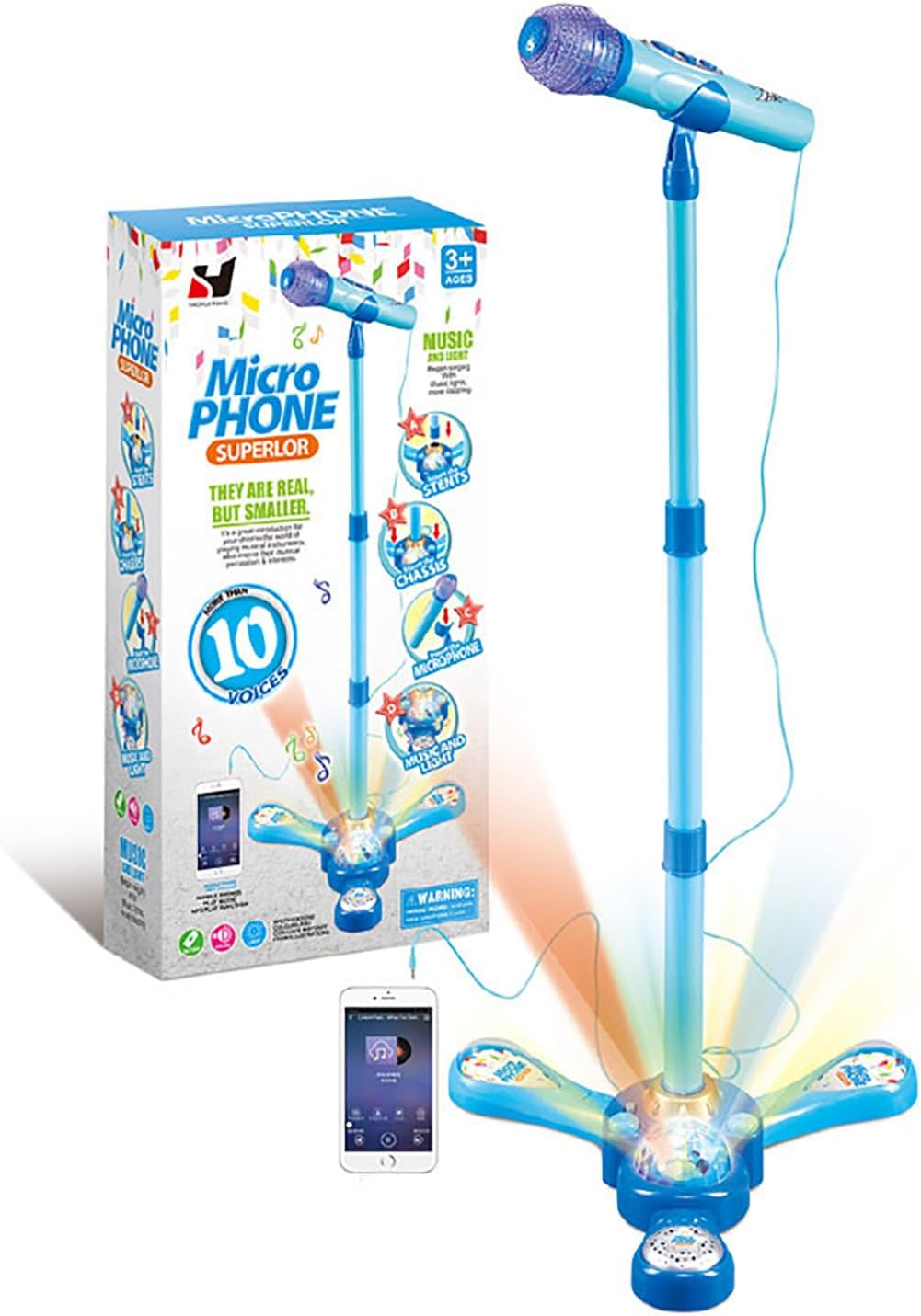 Kids Karaoke Machine with Stand,Kids Microphone Flashing Stage Lights Adjustable Stand Gift for Age 3+ Years Old Children (Blue) (Blue)