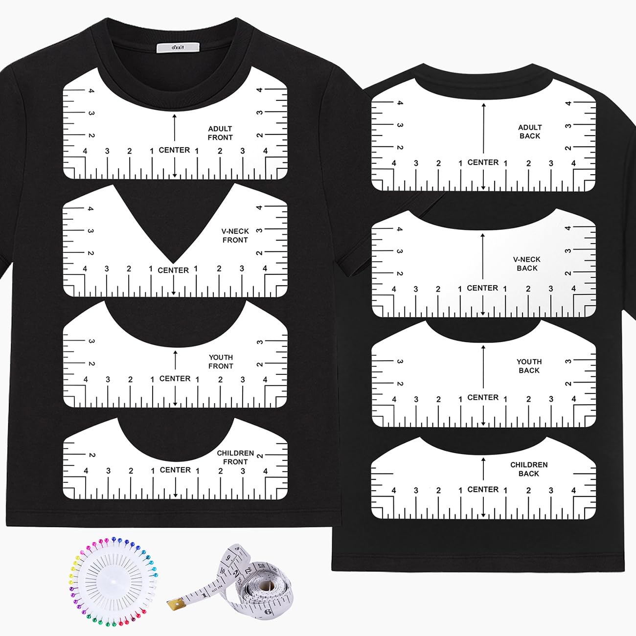 10 PCS T-Shirt Ruler Guide - Tshirt Measurement Tools for Children Youth Adult, V-Neck/Round PVC Rule Rulers Designs Heat Press Accessories for Vinyl Alignment, Heat Press