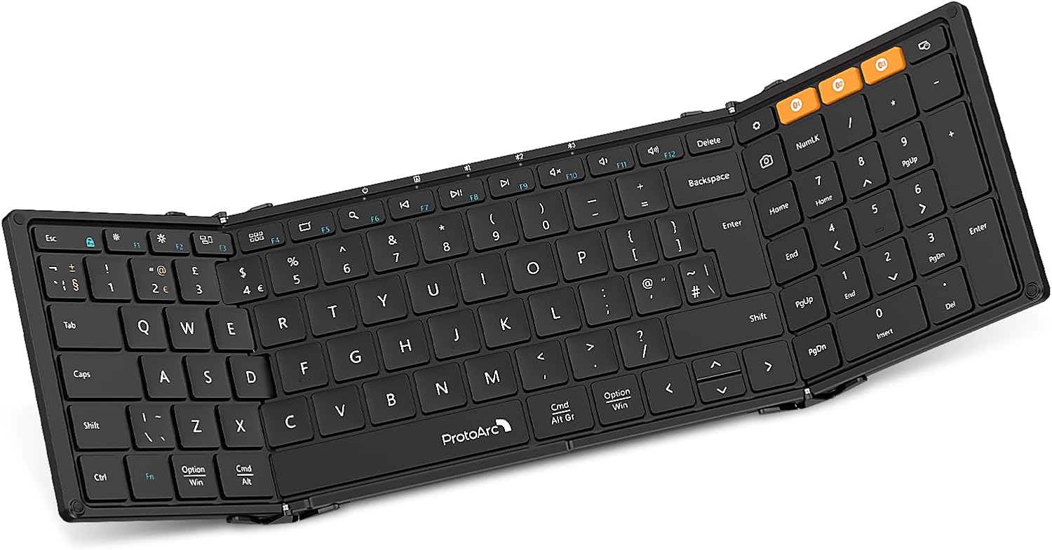 ProtoArc XK01 Foldable Bluetooth Keyboard with Number Pad - Full-Size Portable Wireless Folding Keyboard for Windows, iOS, Android & Tablets | QWERTY UK Layout | Black