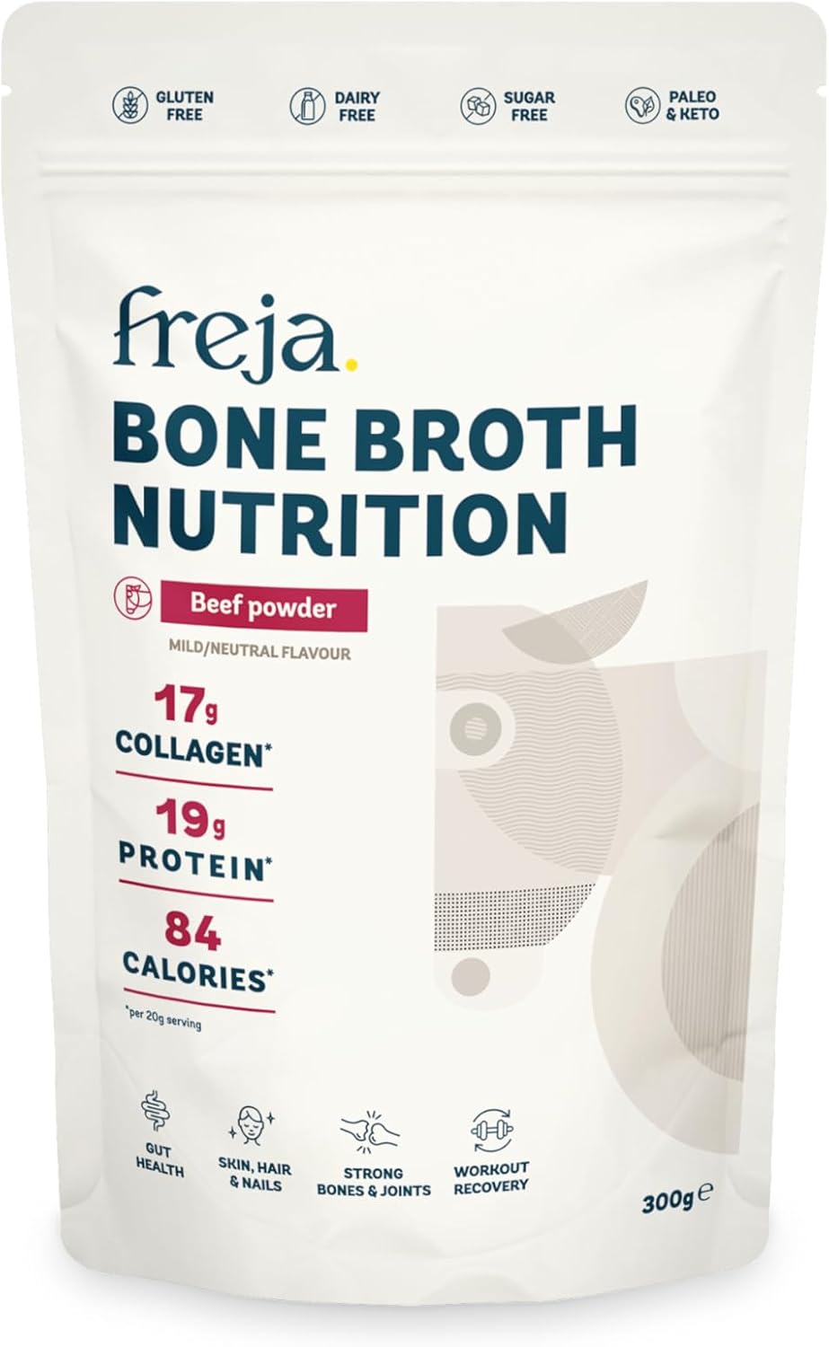 Freja Bone Broth Powder | 100% Natural Collagen & Protein Powder | Pure Beef, Grass-Fed | Amino Acids & Minerals | Nutrition for Healthy Gut, Skin, Hair & Nails | 300g (15 Servings)