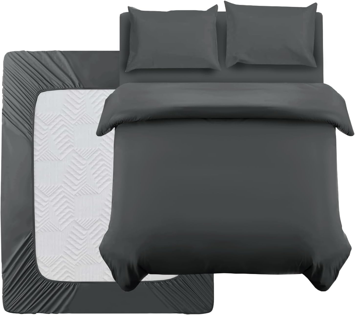 Oxford Homeware Double Duvet Set Charcoal Brushed Microfiber 4 Piece Double Bedding Set with Fitted Sheet and Pillowcases Soft Breathable Duvet Cover Sets