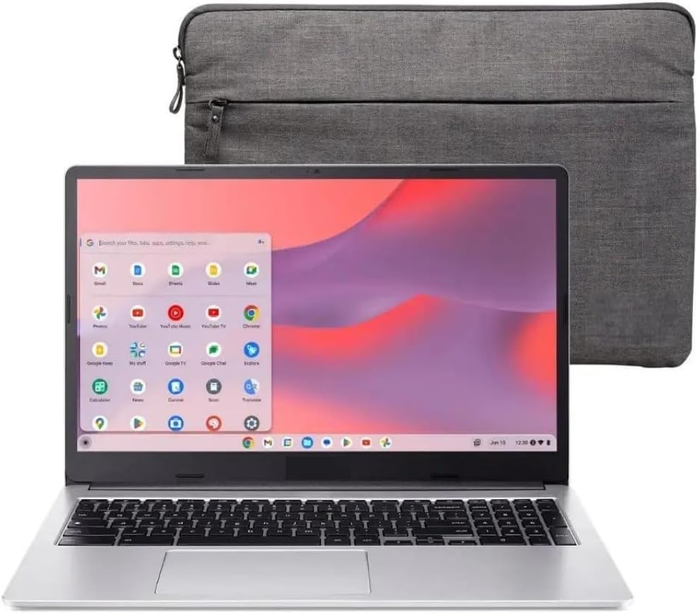New Chromebook Laptop 15.6 inch HD Pentiu.m N6000 Processor 4GB RAM LPDDR4X 128GB eMMC DTS Audio Webcam WiFi USB-C up to 10 Hours Long Battery Life Chrom.e OS with Protective Sleeve