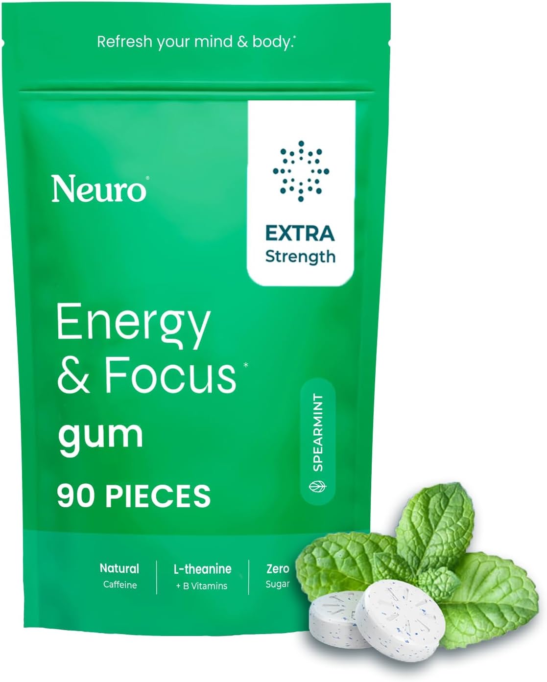 NeuroGum Extra Strength Energy & Focus Gum (90 Count Bag, Spearmint) | 100mg Natural Caffeine + L-Theanine + Vitamin B12 & B6 + Xylitol | Sugar Free Nootropic Cognitive Brain Performance Supplement