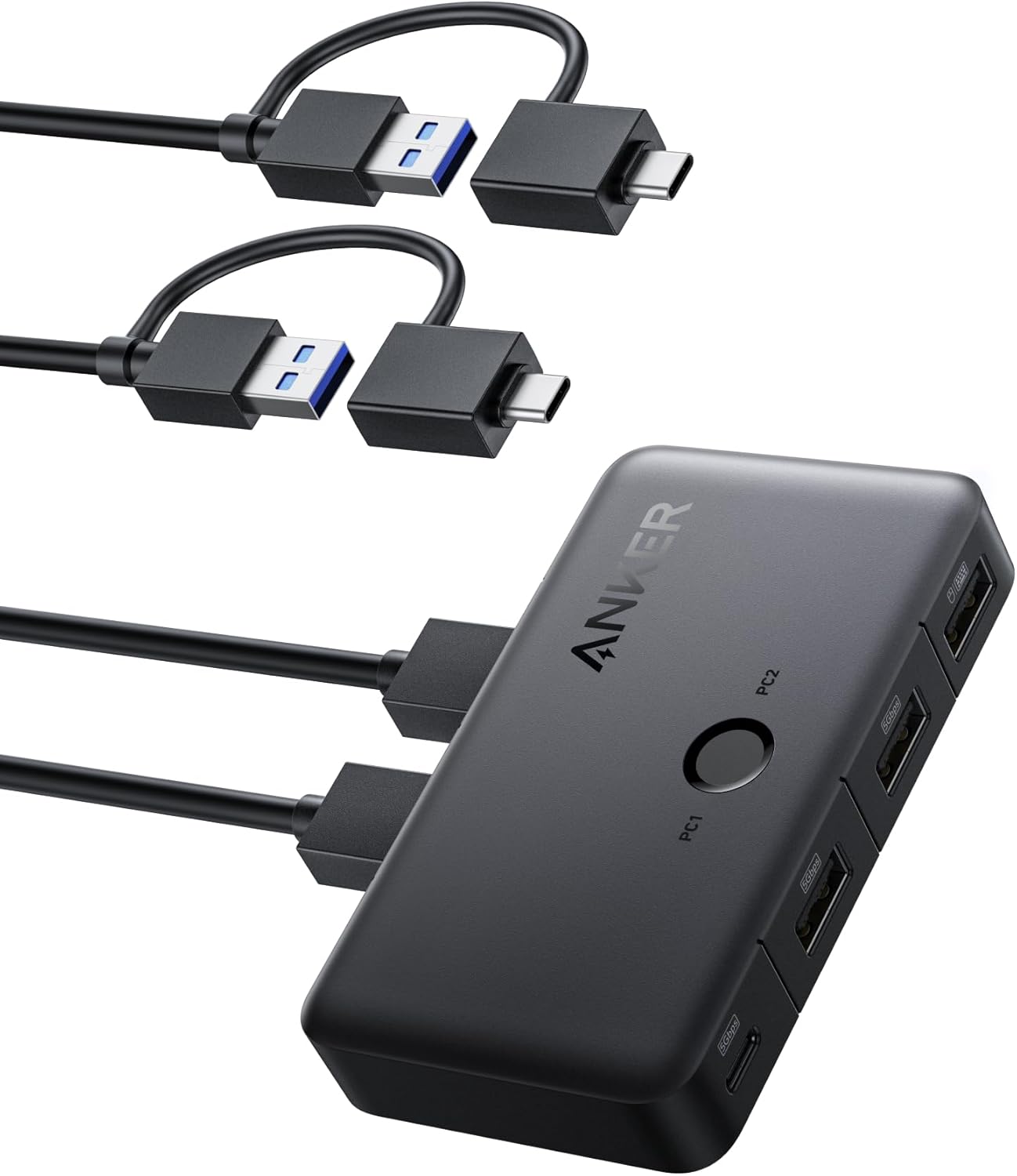 Anker USB 3.0 Switch, Easy One-Click Device Switching for 2 Laptops or Desktops, 3 USB-A Ports, 5Gbps Data Transfer, Compatible with Windows, macOS, Linux