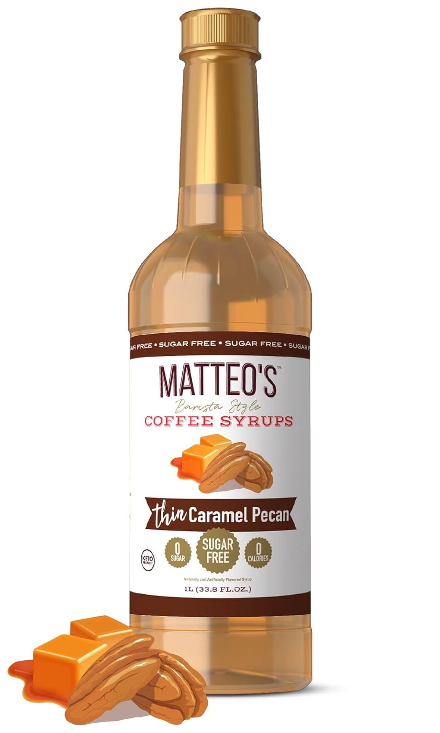 Matteo's Caramel Pecan Syrup for Coffee, Lattes, Cappuccinos & Desserts – Sugar-Free Sweetener for Beverages, Keto Friendly, Zero Calories, Indulgent Flavor, Non-Alcoholic, 33.8oz (1pk)