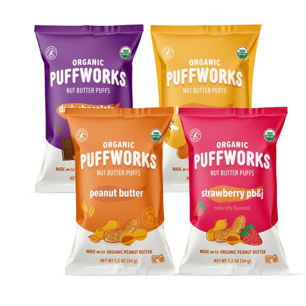 Puffworks Four Flavor Variety Pack Organic Peanut Butter Puffs (Original, PBJ, Dark Chocolate, Honey), Plant-Based Protein Snack, Gluten-Free, Kosher 1.2oz Ounce (Pack of 12)