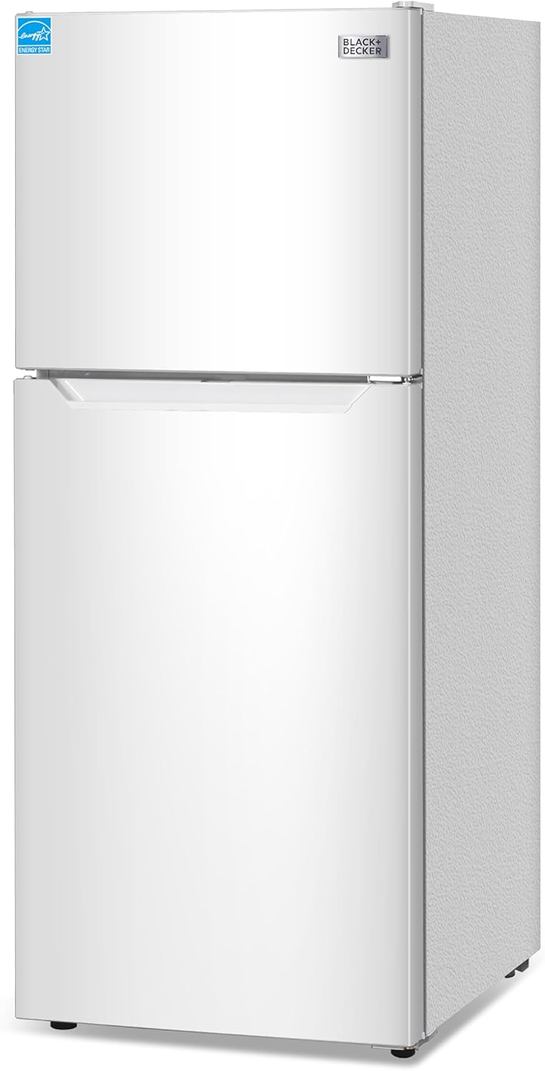 BLACK+DECKER 12.1 Cu. Ft. Top Mount Refrigerator with Freezer, 2 Door Refrigerator with Top Freezer and Adjustable Temperature Control, For Homes and Apartments, ENERGY STAR, BR1210HW, White