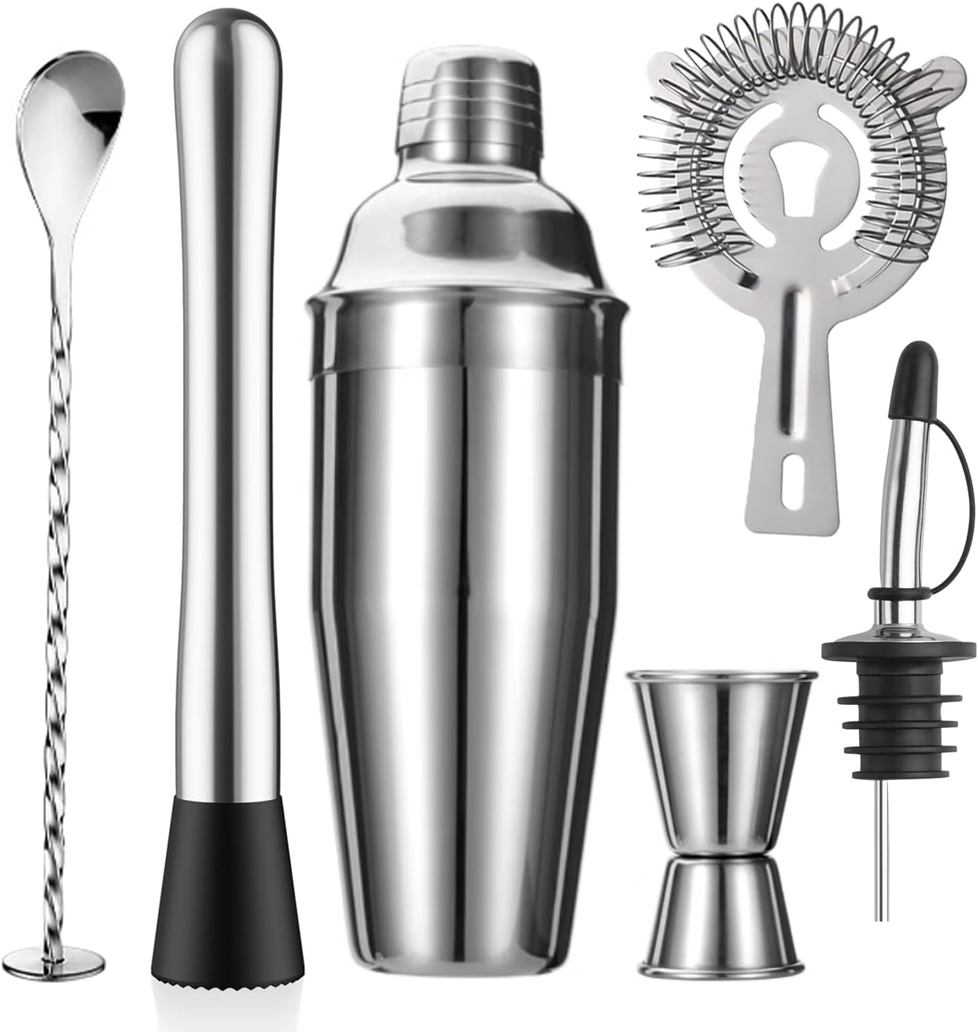 6-Piece Cocktail Shaker Set 24oz Shaker Strainer Muddler Jigger Mixing Spoon Pour Spout Bartender Kit Stainless Steel Bar Set Housewarming Gift