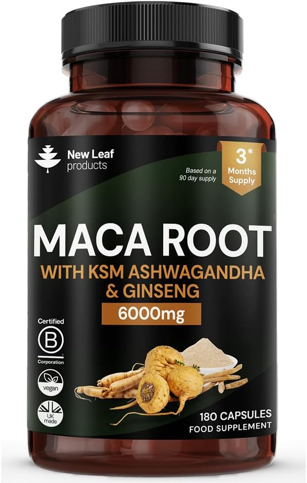 Maca Root Capsules with KSM Ashwagandha and Ginseng - 180 High Strength 6000mg Maca Root + Ashwagandha KSM-66, Panax Ginseng & Black Pepper - Vegan Capsules Made in The UK
