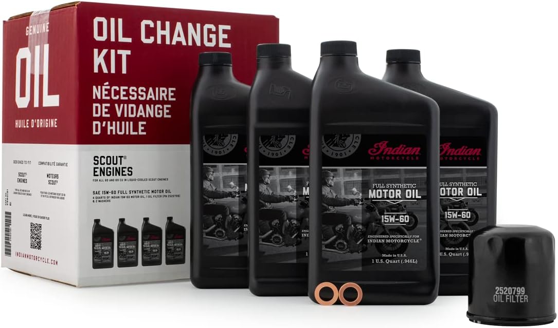 Indian Motorcycle Oil Change Kit for All 60 & 69 Cu In Liquid-Cooled Scout Engines, 4 Quarts 15W-60 Full Synthetic Oil, 1 Oil Filter, 2 Washers, Clutch Performance, Engine Protection - 2880191