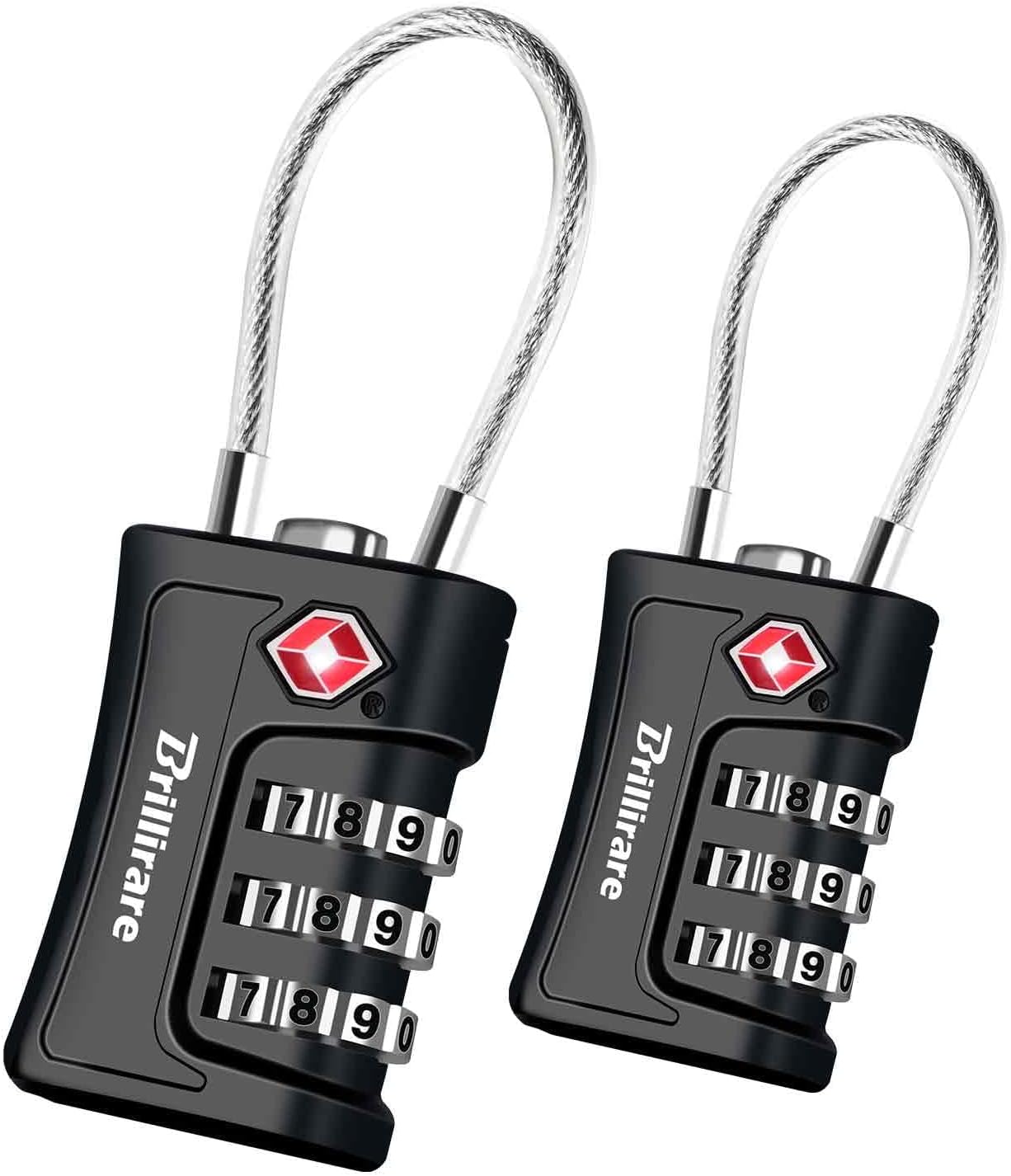 Brillirare 2 Pack TSA Approved Luggage Locks, Combination Travel Cable Padlock, 3-Digit Waterproof Lock, TSA Accepted Outdoor Keyless Resettable Lock for Lockers, Bags, Gym, Gate-Black