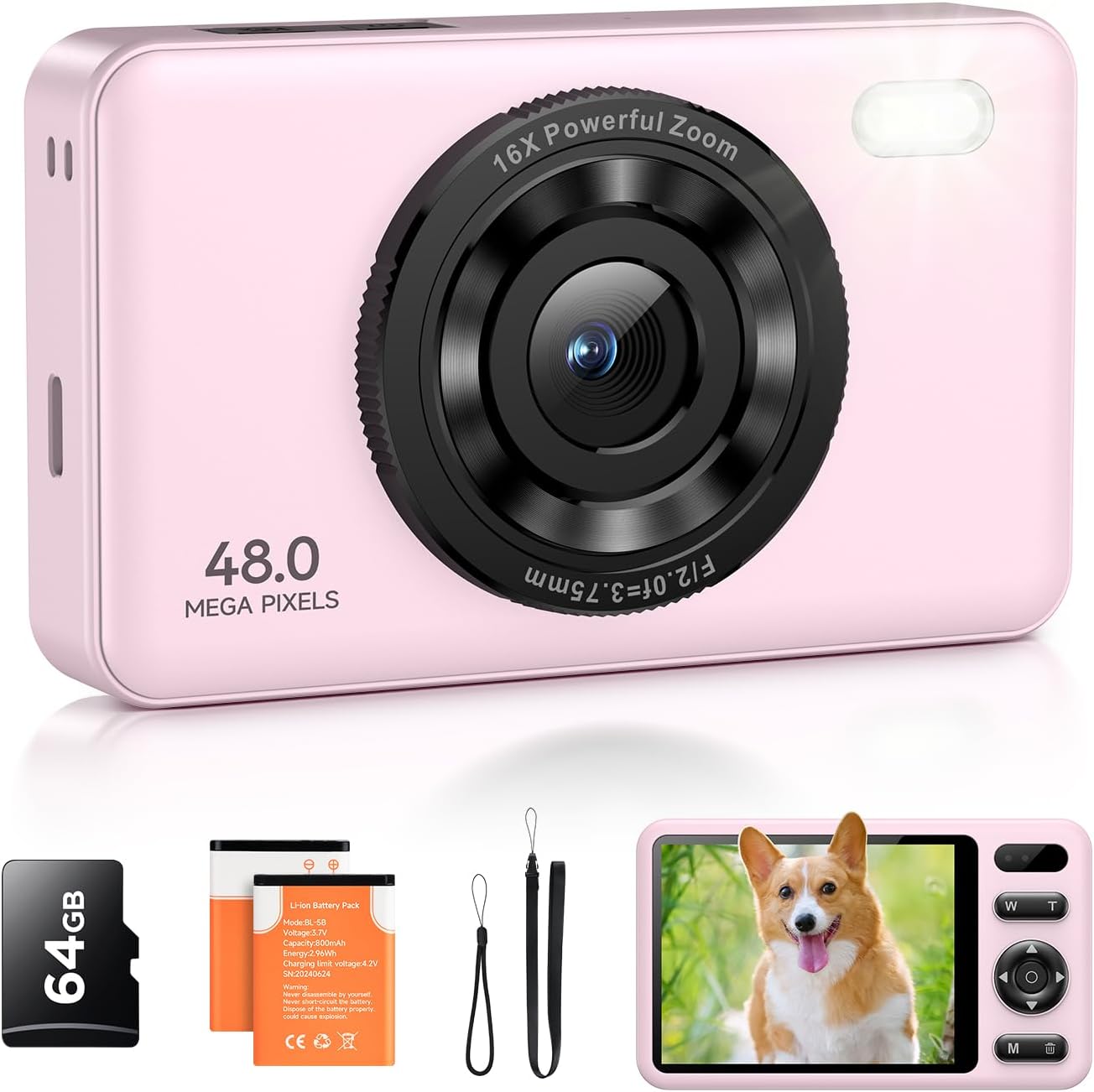 Digital Camera with 64GB Card Autofocus 2.7K 48MP Kids Camera with 16X Zoom Anti Shake 2 Batteries, Compact Portable Small Point and Shoot Digital Cameras Gift for Kid Student Children Teen Girl Boy
