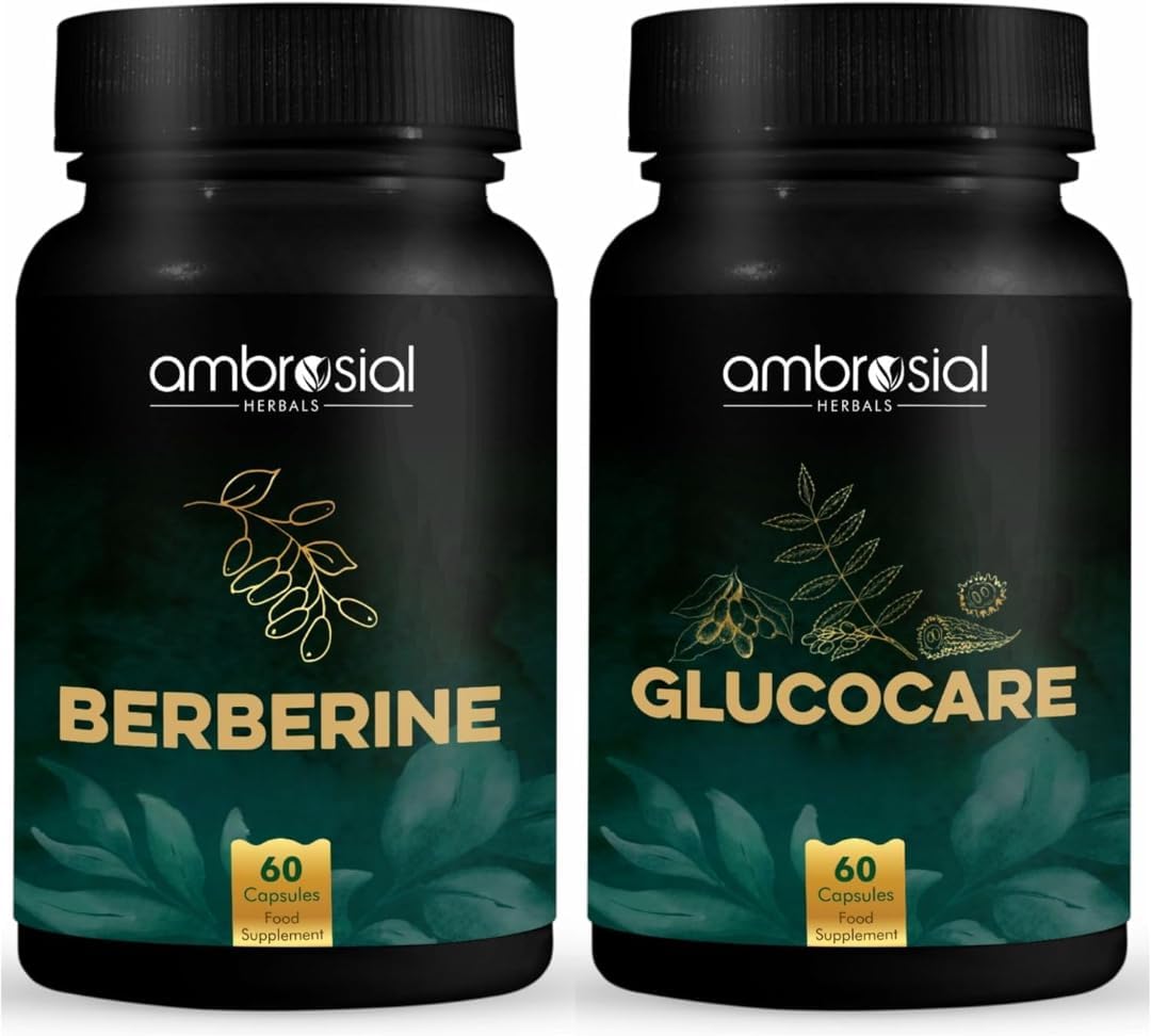 Ambrosial High Strength Berberine HCL 500mg & Glucocare Combo | Helps in Balanced Lifestyle | Pack of 2-60 Veg Capsules Each