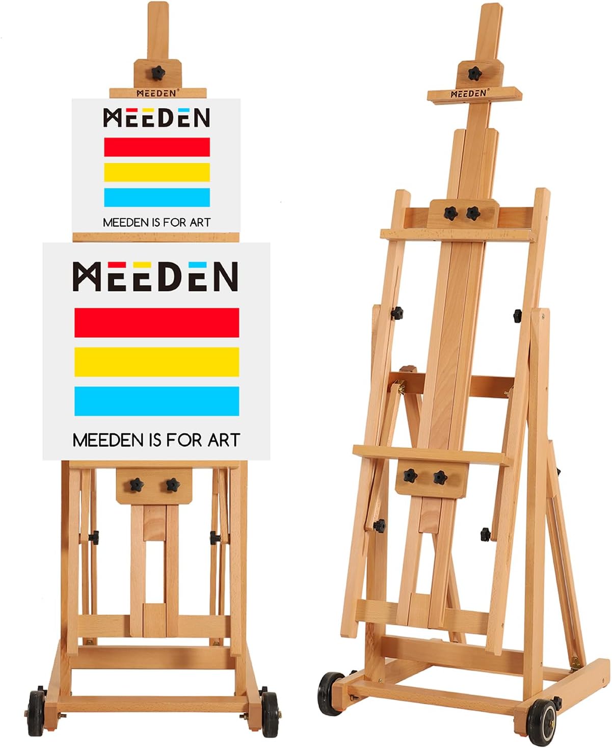 MEEDEN Versatile Studio H-Frame Easel - All Media Adjustable Beech Wood Studio Easel, Painting Floor Easel Stand, Movable and Tilting Flat Available, Holds Canvas Art up to 77"