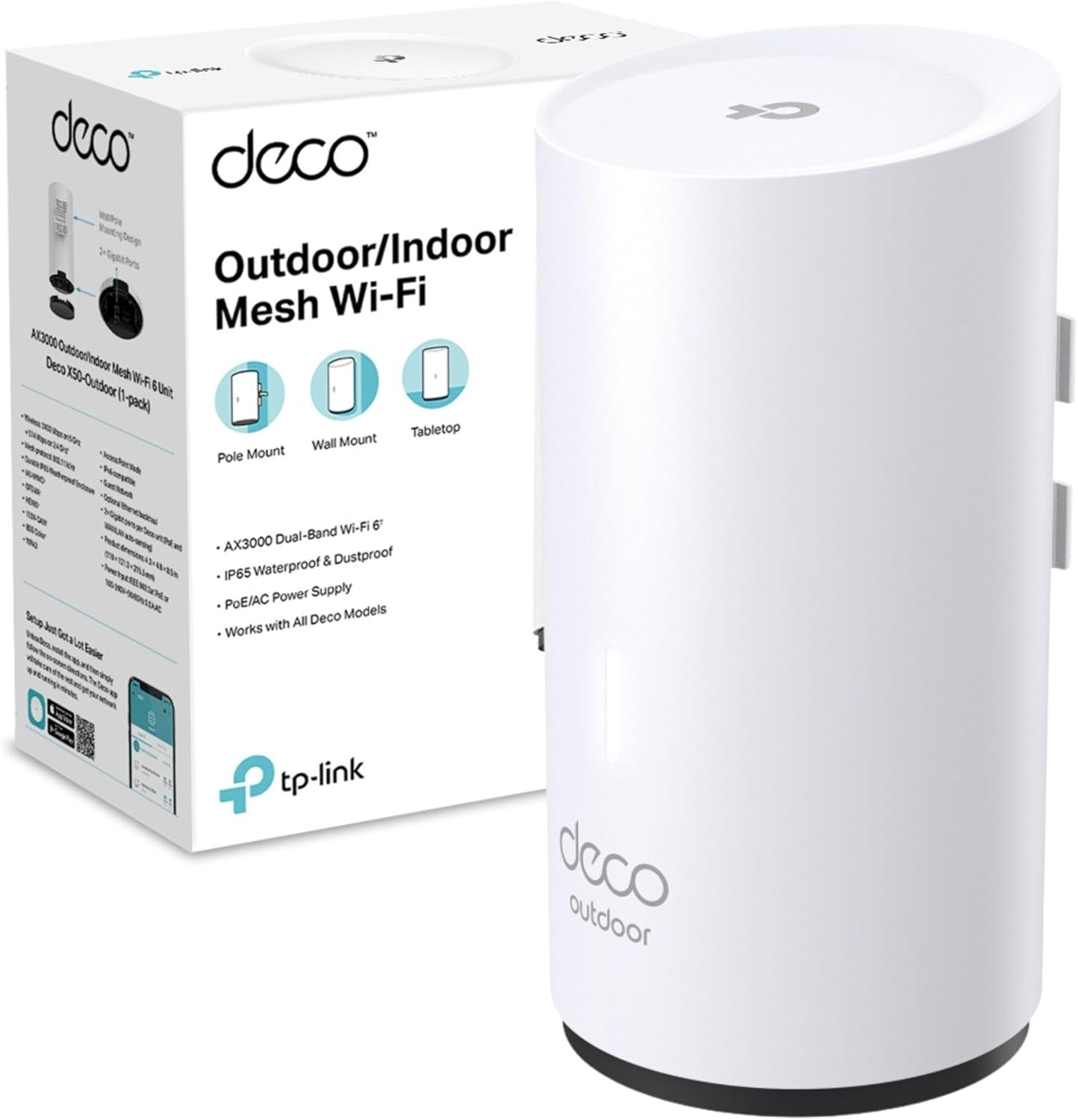 TP-Link Deco X50-Outdoor/Indoor Whole Home Mesh WiFi 6, IP65 Dust & Water Resistance, AI Driven Dual-Band WiFi Booster, Add on Another Deco Mesh Product for Extended Coverage, Works with Alexa