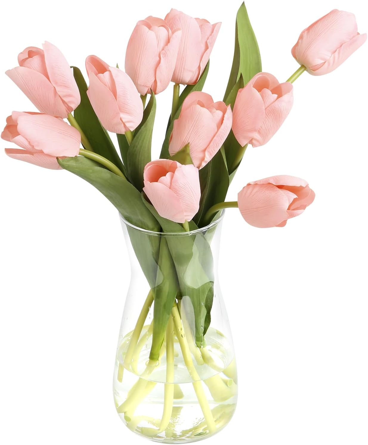 10PCS Faux Flowers with Vase, Faux Silk Tulip Flower Artificial Flowers Bouquet in Glass Vase, Faux Flower Arrangement with Vase for Home Office Decoration, Dining Table Centerpiece Fake Tulips