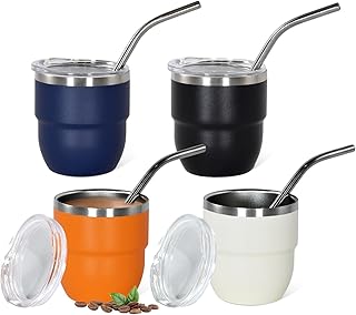 4 oz Stackable Cup Vacuum Insulated Espresso Cups, Mini Tumbler Shot Glass with Straw for Wedding Party Whiskey Cocktail Bar, Coffee Cup, 4 Pack 4 Colors